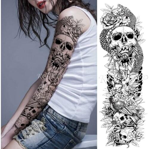 Waterproof Temporary Tattoo Sticker Owl Bird Skull Animal Flower Black Full Arm Fake Tatto Flash Sleeve Tatoo for Men Women