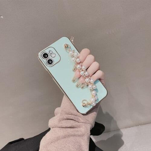 Fresh Green Elegant Pearl Wrist Bracelet Chain Phone Case For iPhone 11 12 Pro Max Luxury Plating Shockproof Back Cover
