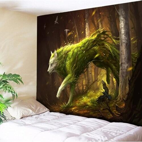 Green Hair Ferocious Wild Wolf Tapestry Animal Wall Hanging Tapestries Psychedelic Big Hippie Wall Carpet Bedside Blanket Throw