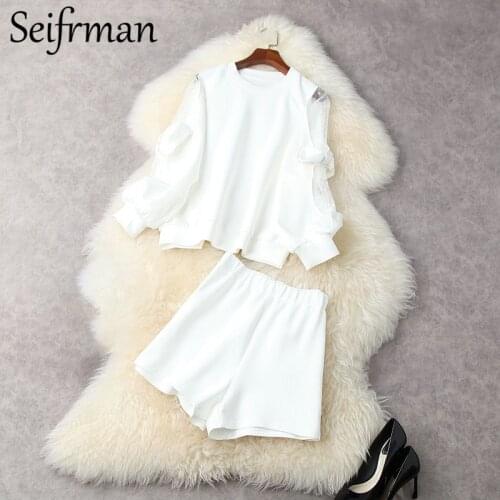 Seifrmann New 2021 Summer Women Fashion Designer Skirts Set Lantern Sleeve Bow Loose Tops+High Waist White Wide Leg Print Shorts