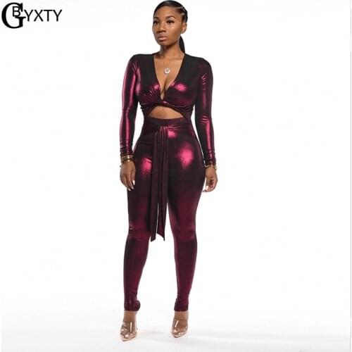 GBYXTY Sexy Deep V-Neck Hollow Out Skinny Jumpsuit Women Autumn Winter Long Sleeve Front Twist Bandage Jumpsuit Overalls ZL534