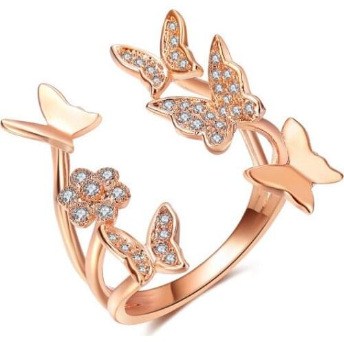 Unique Lovely Ladies butterfly flower engagement ring rose gold color cubic zirconia Adjust Rings women Wedding jewelry