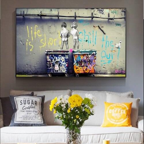 Life Is Short Graffiti Slogan Street Art Poster And Prints 2 Boys Peeing Abstract Wall Art Picture On Canvas Painting Decoration