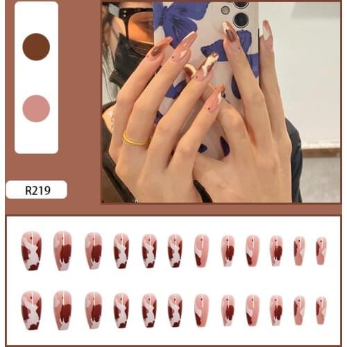 24pcs Fake Nail Patch Coffin Mid Length Women Summer Manicure Save Time False Nail Patch with Glue Detachable
