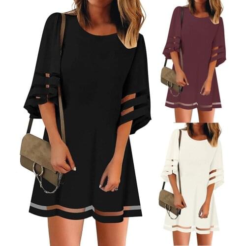4# Womens O Neck Mesh Panel 3/4 Bell Sleeve Loose Top Shirt Mini Dress Hollow out Dresses Office Lady Summer Plus Size Dress