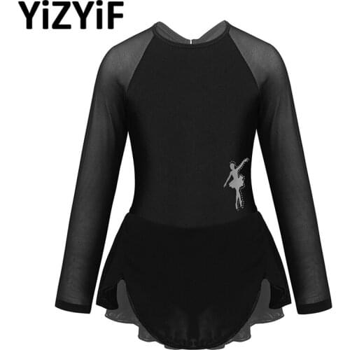 Kids Girls Long Sleeves Tulle Splice Cutouts Back Figure Ice Skating Roller Skating Ballet Dance Leotard Dress Dancing Costume