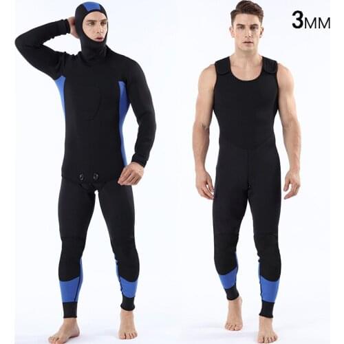 Men 3MM Neoprene Spearfishing Wetsuits CR 2-Pieces Hooded Long Sleeve Scuba Diving Suit Full Body Keep Warm Snorkeling SwimSuits