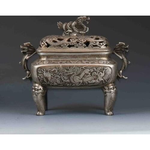 Chinese Tibetan Silver Hand-carved Dragon Incense Burner&Lid XuanDe Mark