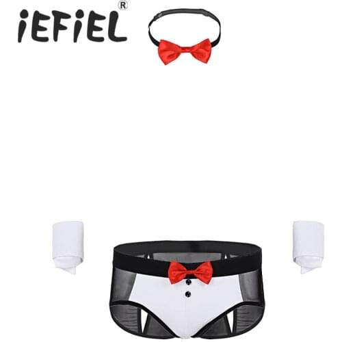 Sexy 3Pcs Mens Male Lingerie Panties Set See Through Mesh Butt Splits Briefs Underwear with Bow Tie and Cuffs Costume Outfit