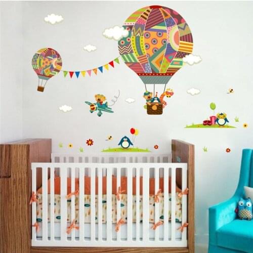 Colorful Hot Air Balloon Animal For Nursery Room Wall stickers Bear Giraffe Kids Room Cartoon Classroom Vinly Wallpaper Decals