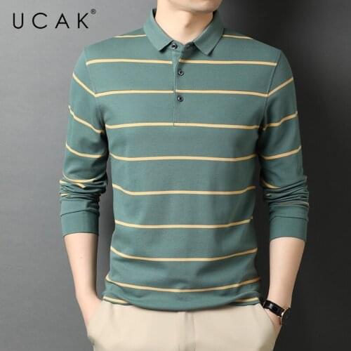 UCAK Brand Classic Casual Pure Cotton Turn-down Collar Striped T Shirt Men Clothes Autumn Streetwear Long Sleeve T-Shirts U5712