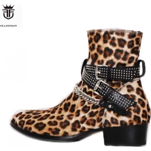 2019 FR.LANCELOT Leopard Floral Suede Men Boots Ankles Botas Sliver Chains Cross Buckles Low Heel Shoes Mens Sapatos Mujer