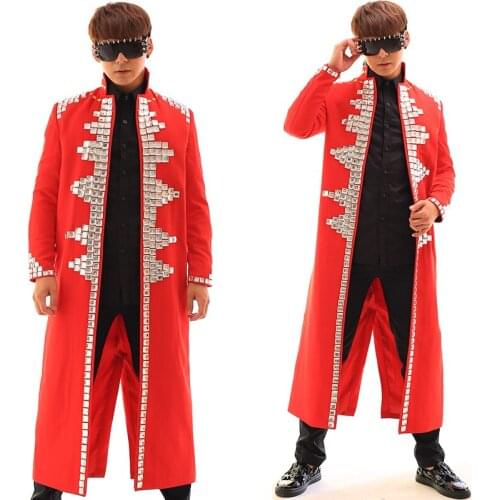 Red Diamond Long Sleeve Jacket MenS Jazz Dance Costume Plus Size Robe Concert Hip Hop Performance Costume Male Outfits DWY2717