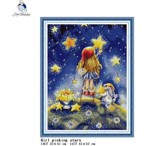 Girl picking stars DIY hand counted cross stitch kit DMC 11ct 14ct canvas printing cross stitch needlework embroidery set crafts