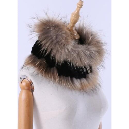 New Womens Real Rex Rabbit Fur Knitted Scarf Raccoon Silver Fur Trimming Genuine Fur Scarfs Infinity Ring Scarves Cowl Snood