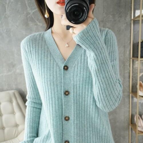 V-neck womens 100% pure wool sweater 2021 new style full sleeve knitted cashmere sweater coat cardigan Soft and comfortable