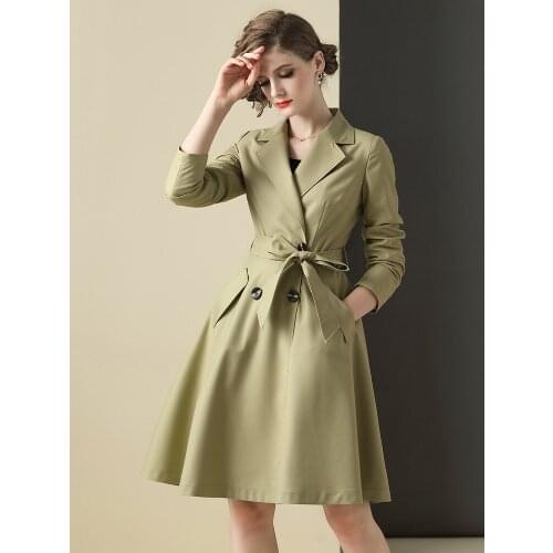 2021 autumn new Korean jacket lace up waist simple temperament popular slim windbreaker womens middle and long style