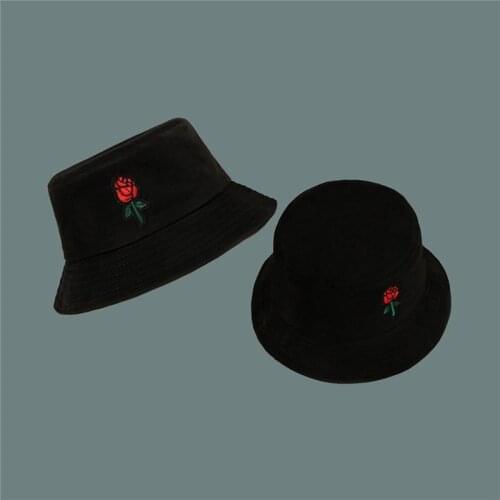 Cotton Rose Embroidery Bucket Hat Fisherman Hat Outdoor Travel Hat Sun Cap Hats for Men and Women 48