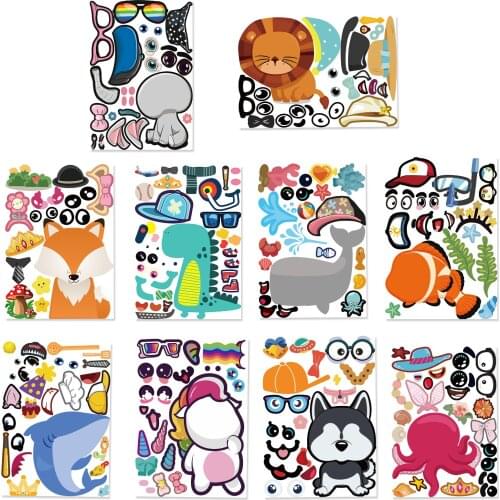 1 Set Kids DIY Stickers Puzzle Games Make A Face 10 Sheets Animal Dinosaur Dog Assemble Jigsaw Children Training Education Toy
