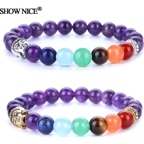 SHOW NICE Jewelry 7 Chakra Yoga Healing Natural Stone Plated Buddha Head Lava Energy Beads Charm Beaded Bracelets