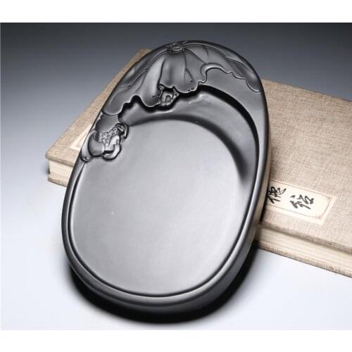 Hand carved Lotus leaf, lotus Inkstone Natural Rock She Ink Stone Small Inkstone Calligraphy Painting Tool