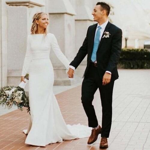 Modest Mermaid Wedding Dresses 2020 Long Sleeve Bateau Sweep Train Satin Country Garden Bridal Gowns vestidos de novia Plus Size