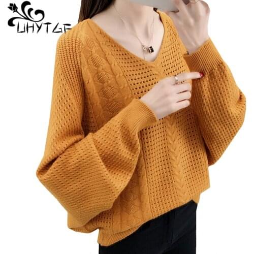 UHYTGF Spring sweater women fashion Hollow elegant Short sweater women knit Pullover Loose Plus Size sweaters Female clothes 650