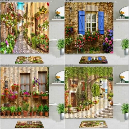 Rural Town Street Scenery Shower Curtains With Rug Flowers Plant Building Landscape Bathroom Decor Set Non-slip Floor Mat Carpet