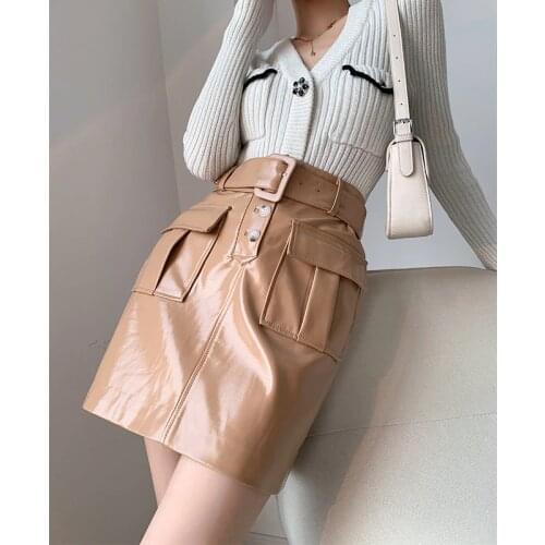2021 Spring new womens bright face solid color Sheath skirt high waist pencil skirt temperament pu leather skirt with belt y899