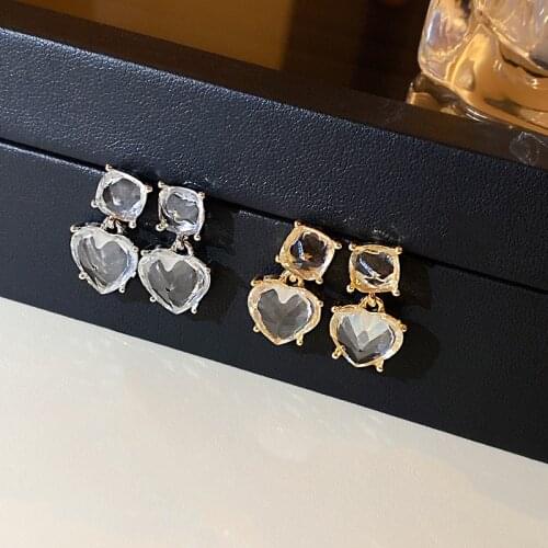 VSnow Summer Clear Crystal Love Heart Dangle Earrings for Women Gold Color Alloy Geometric Statement Earrings Jewelry Pendientes