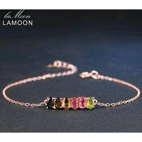 LAMOON 925-Sterling-Siver 6 Pieces 3*5mm Oval Multi-Color Tourmaline Bracelet S925 Natural Gemstone Fine Jewelry For Women H018