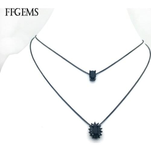 FFGems Created Spinel Pendant Necklace Black Spines Gemstone Fine Jewelry For Women Lady Engagement Wedding Party Gift With Box