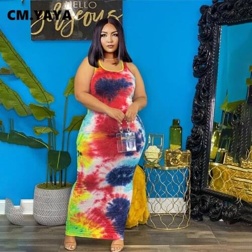 CM.YAYA Women Plus Size Dress Tie Dye Sleeveless O-neck Stretchy Bodycon Long Maxi Dresses Fashion Casual Vestidos Summer Outfit