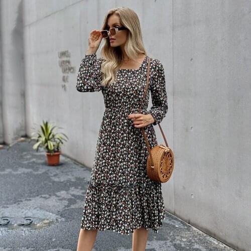 Spring Long Sleeve Floral Midi Dress Woman 2021 Summer Fashion Square Collar Ruffles Black Dresses For Women Casual Vestidos