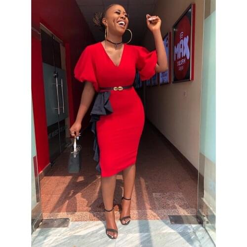 Woman XXXL Plus Size Summer Womens African V-neck Waist Tong Le Slim-Fit Solid Color Dress with Belt Red