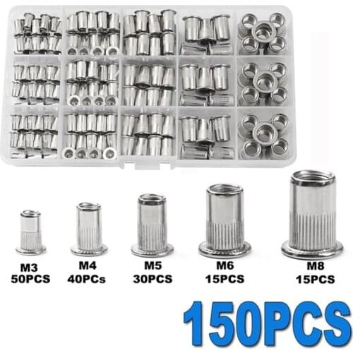 150Pcs M3-M8 Flat Head Rivet Nuts, Stainless Steel Countersunk Head Rivet Nuts Set Of Rivet Insert Nuts With Thread On The Head