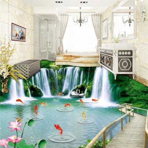 Beibehang Customized floor painting 3d flowing water and wealth lotus carp waterfall 3D three-dimensional painting floor tiles