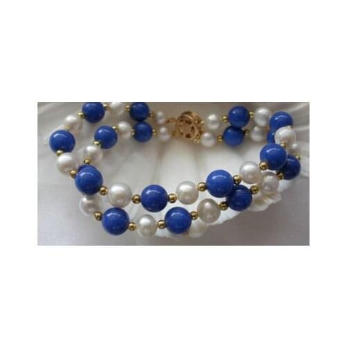 Free shipping 431 double round 8mm white freshwater pearls &natural lapis lazuli bracelet