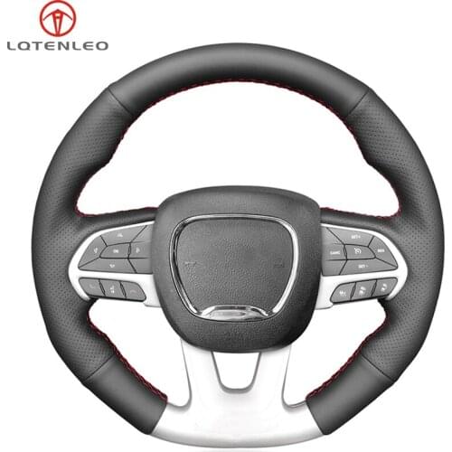 LQTENLEO Black Genuine Leather Car Steering Wheel Cover For Dodge Challenger SRT Charger SRT 2015-2021 Durango SRT 2018-2021