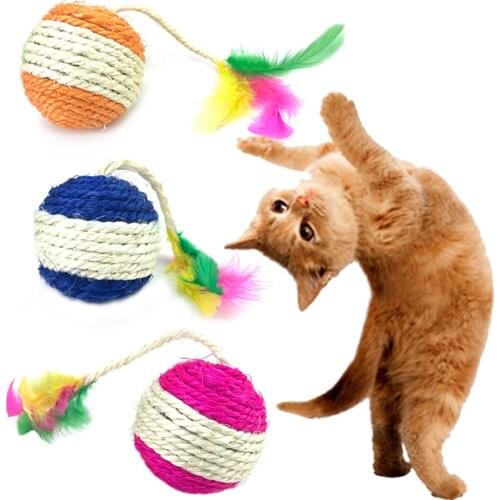 Colour Feather Big Cat Toy Ball Interactive Cat Toy For Kitten Sisal Rope Weave Chew Toys Cat Ball Rolling Teaser Pet Supplies