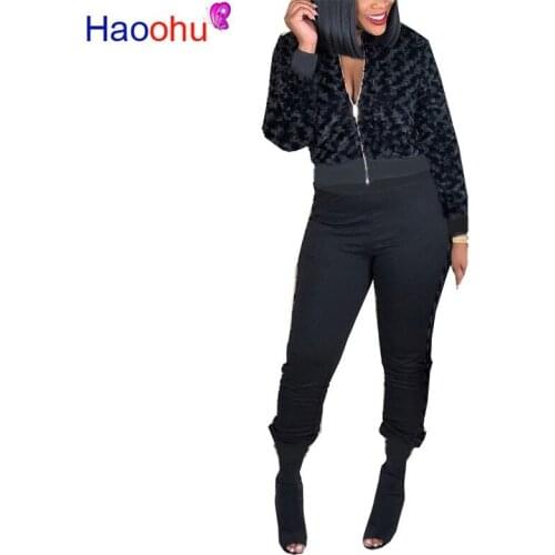 HAOOHU 2019 Autumn Winter Full Sleeve Flower Striped Print Jackets Top Full Pants 2 piece sets outfits for women sweatsuit