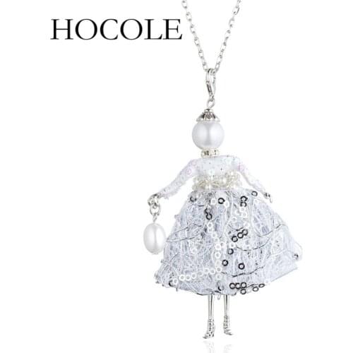 HOCOLE Simulated Pearl White Dress Doll Necklace Handmade French Doll Pendant 2018 News Alloy Girl Women Flower Fashion Jewelry