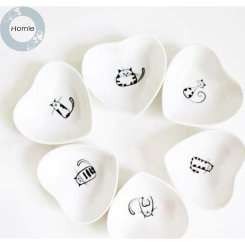 Homie 6pcs/set cute cat Small Plate Love Heart Household Soy Vinegar tray Round Spices Plate Kitty Seasoning Dish with handle