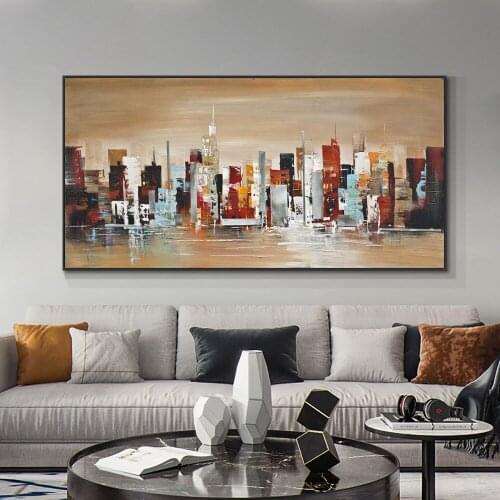 Abstract Large City Building Oil Painting On Canvas 100% Hand Painted Wall Art Pictures For Modern Living Room Home Decoration