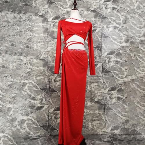 Belly Dance Suit Round Neck Top Long Sleeve Split Skirt Performance Clothes Set Female Adult Elegant Competition Clothing