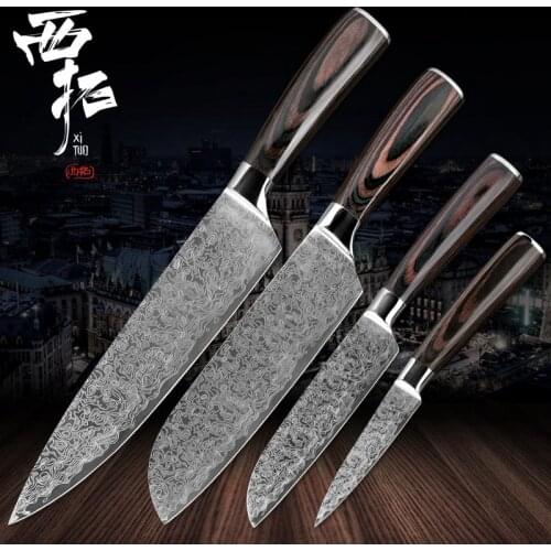 XITUO Kitchen Chef Knife Laser Damascus Pattern Stainless Steel Cut Meat Sliced Peeled Fruit Utility Santoku Kitchen Tool Set
