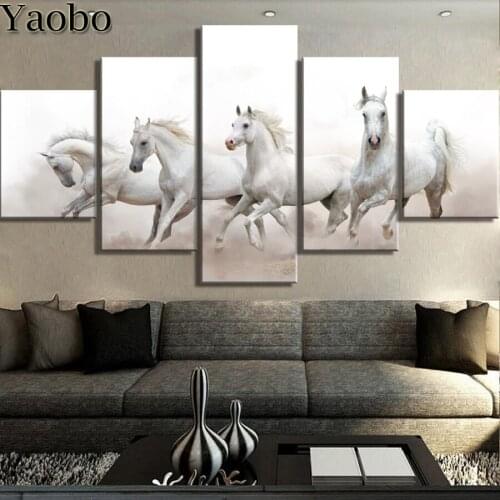 DIY Diamond Art Full Square Drill 5 Pieces White Horses Painting Rhinestones Embroidery 5d Mosaic Cross Stitch Craft Wall Decor