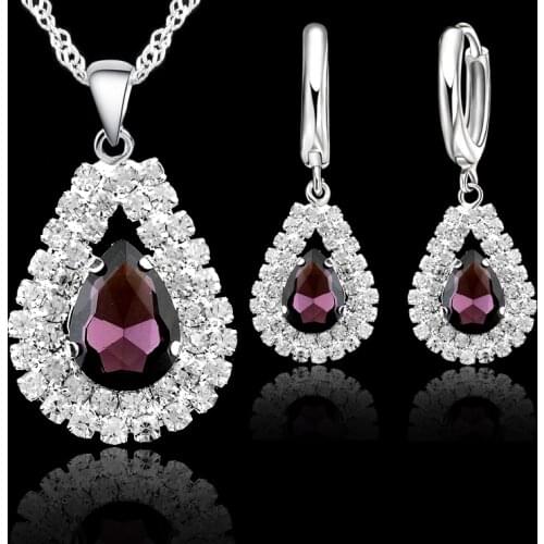 New Women 925 Sterling Silver Bridal Wedding Jewelry Sets Fine Water Drop Pendants Necklaces Earring Set Accessory