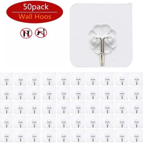 50 Pack Wall Hooks Waterproof Oil Proof Self Adhesive Transparent Reusable Seamless Hanging Hook for Kitchen Bathroom Office