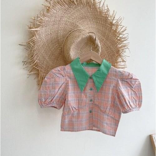 Fashion New Baby Girls Shirts 2021 Summer Kids Korean Plaid Blouses Color Matching Puff Sleeve Cute Shirt For Girl Child Clothes